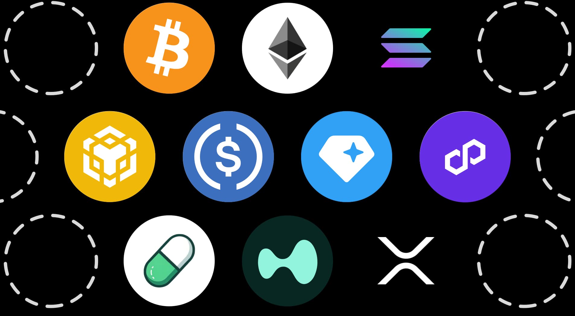 Ikoner för olika kryptovalutor och blockchain-nätverk