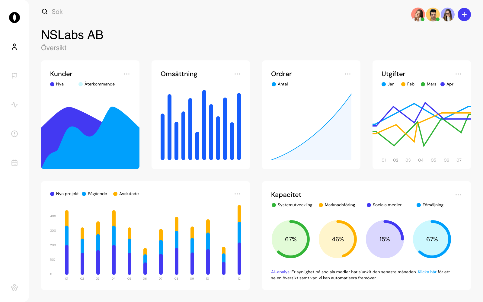 Skärmdump av ett affärssystems dashboard med kunder, omsättning, ordrar, utgifter och kapacitet