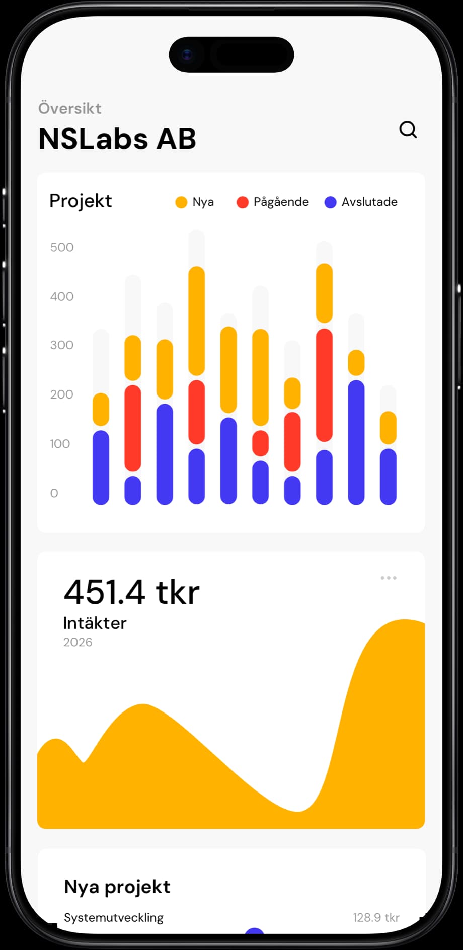 Exempel på hur en app skulle kunna se ut, med projektöversikt och intäkter, visad på två telefoner